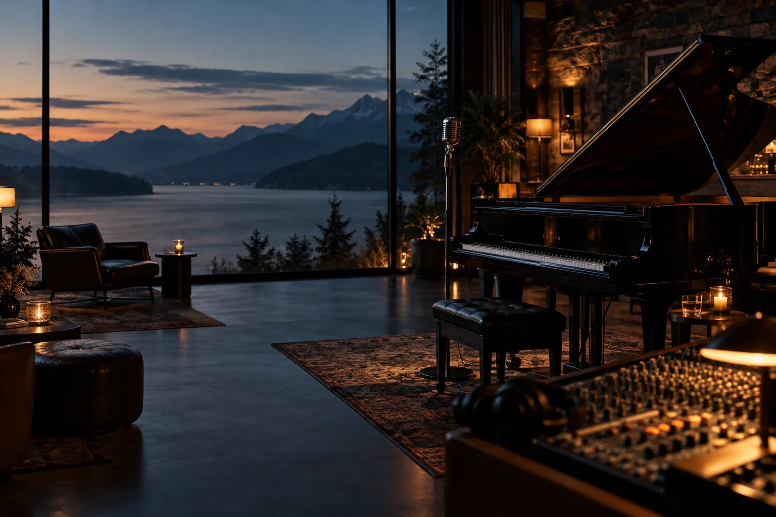 Piano à queue, microphone et console dans une ambiance de création musicale